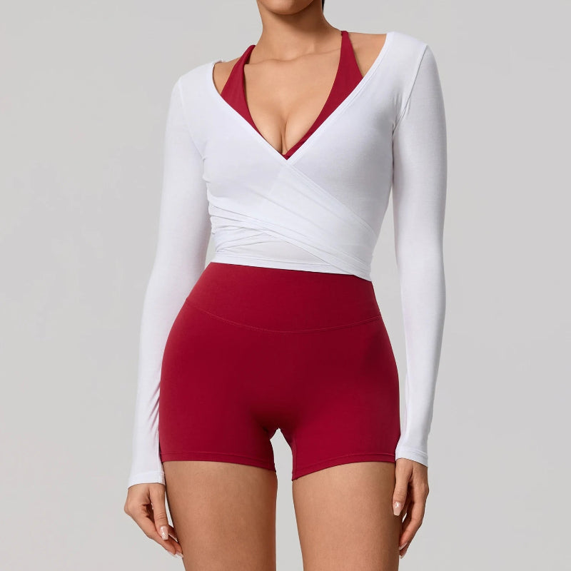 Summer Women's Yoga Shirt Long Sleeve Sportswear Gym Breathable Quick Dry Sports Top Pilates Dance Ballet Wrap Tops