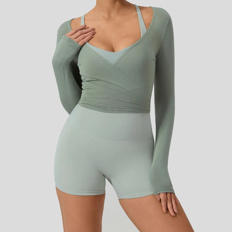 Summer Women's Yoga Shirt Long Sleeve Sportswear Gym Breathable Quick Dry Sports Top Pilates Dance Ballet Wrap Tops