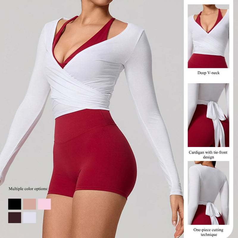 Summer Women's Yoga Shirt Long Sleeve Sportswear Gym Breathable Quick Dry Sports Top Pilates Dance Ballet Wrap Tops