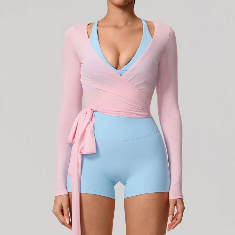 Summer Women's Yoga Shirt Long Sleeve Sportswear Gym Breathable Quick Dry Sports Top Pilates Dance Ballet Wrap Tops