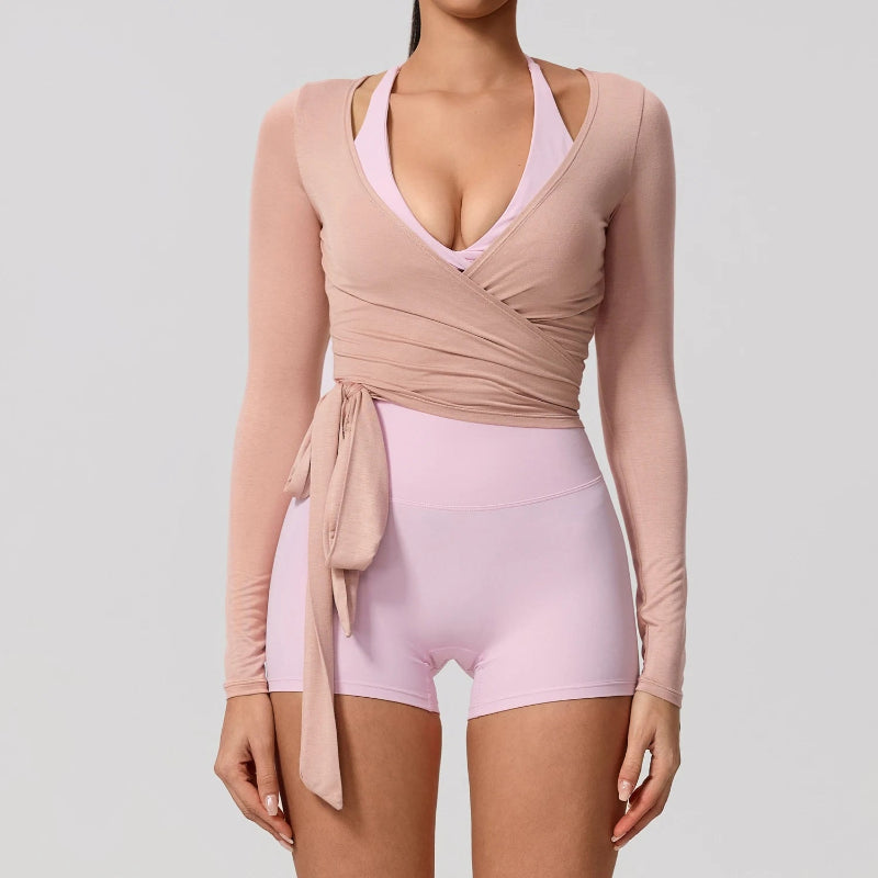 Summer Women's Yoga Shirt Long Sleeve Sportswear Gym Breathable Quick Dry Sports Top Pilates Dance Ballet Wrap Tops