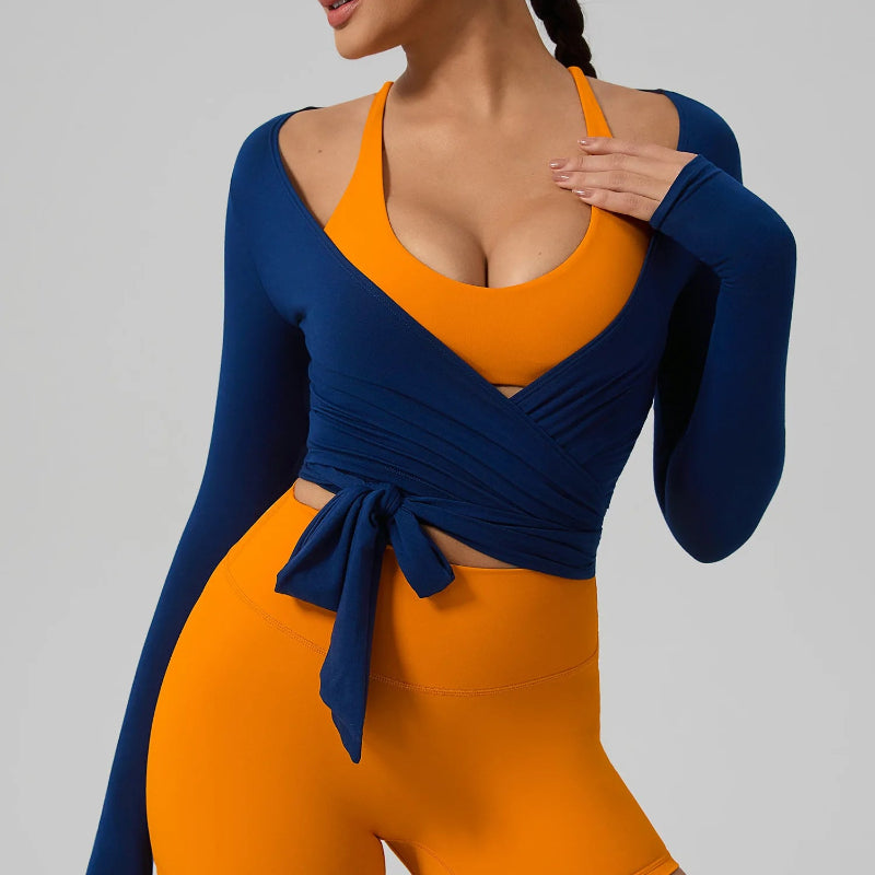 Summer Women's Yoga Shirt Long Sleeve Sportswear Gym Breathable Quick Dry Sports Top Pilates Dance Ballet Wrap Tops